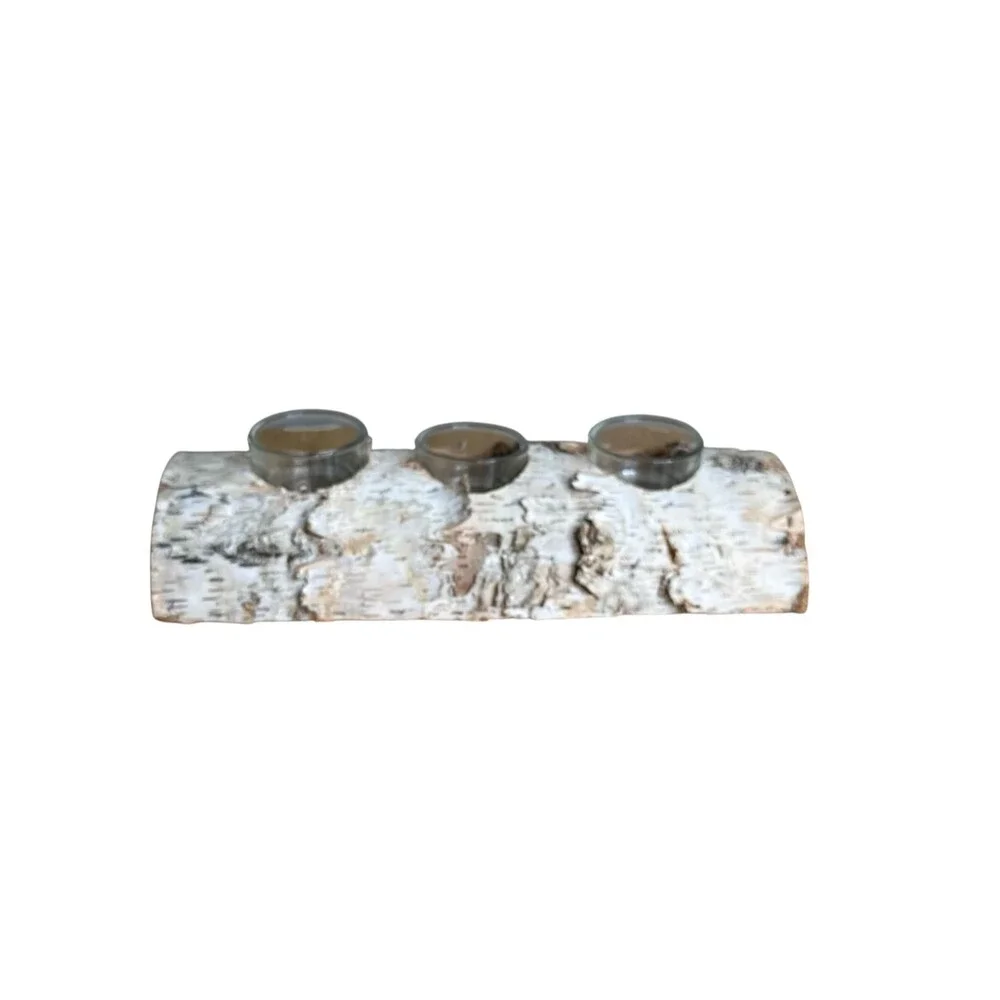 Rustic Wood Log Birch Bark 3 Tea Light Candle Holder Centerpiece Cabin Lodge 11”